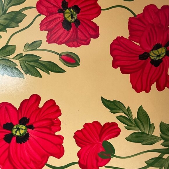 Sherwood Forest Red Opium Poppies Hand Painted Check Rim Maple Wood Salad Bowl - Picture 4 of 7